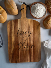 Load image into Gallery viewer, Large Acacia Serving Board - Personalised with Names, Heart &amp; Date
