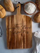 Load image into Gallery viewer, Large Acacia Serving Board - Personalised with Names, Date &amp; Floral Motif
