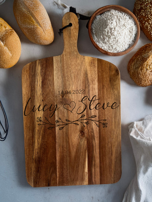 Large Acacia Serving Board - Personalised with Names, Date & Floral Motif