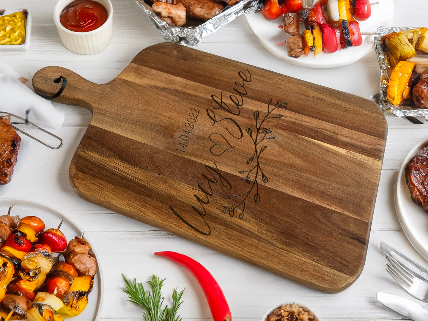 Large Acacia Serving Board - Personalised with Names, Date & Floral Motif