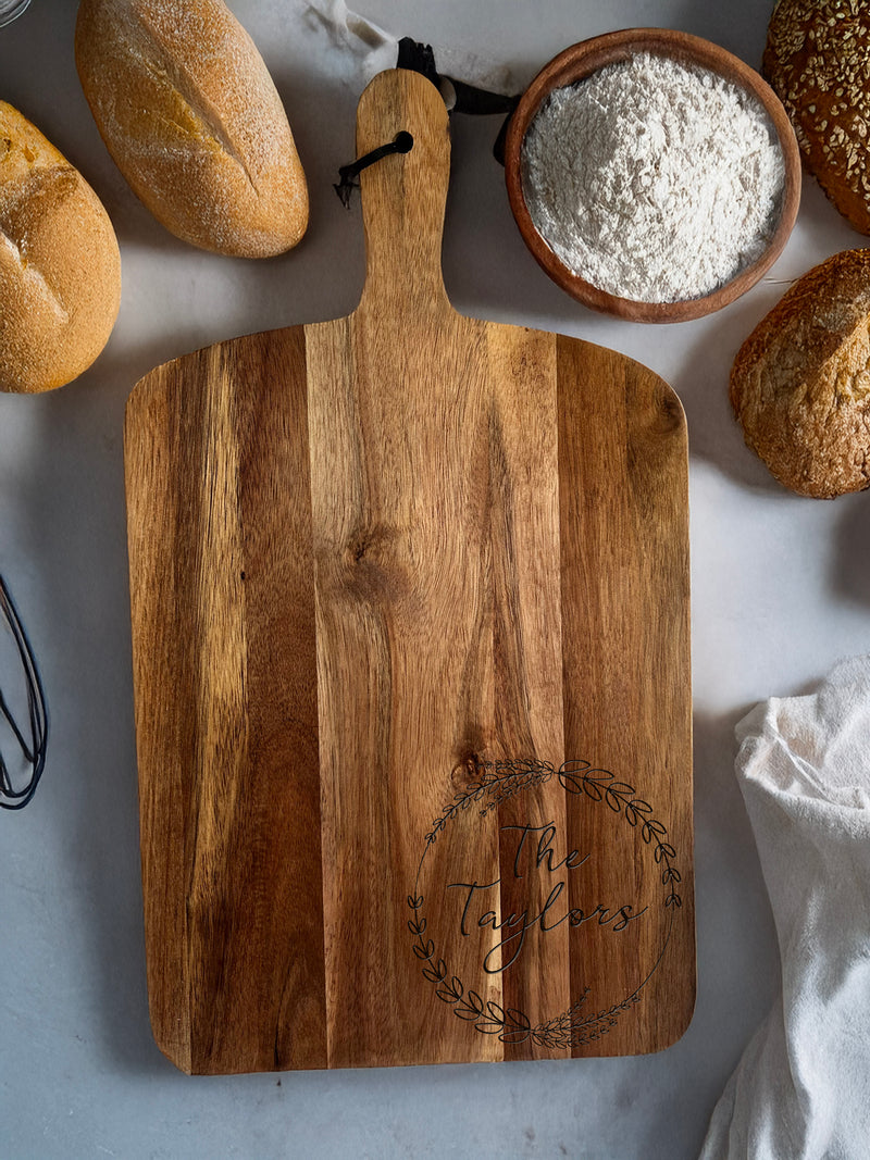 Large Acacia Serving Board - Personalised Surname in Wreath