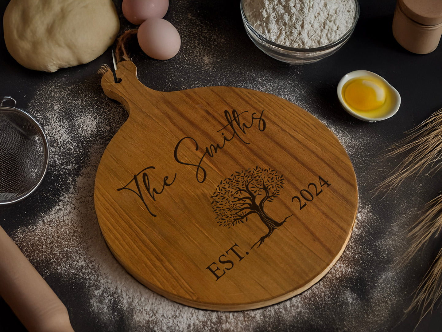 Pizza Serving Board - with family name, date and olive tree