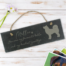 Load image into Gallery viewer, Memorial slate hanging plaque - Personalised with dog name &amp; breed image
