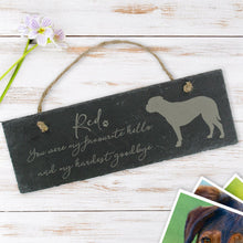 Load image into Gallery viewer, Memorial slate hanging plaque - Personalised with dog name &amp; breed image
