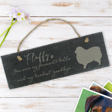 Load image into Gallery viewer, Memorial slate hanging plaque - Personalised with dog name &amp; breed image
