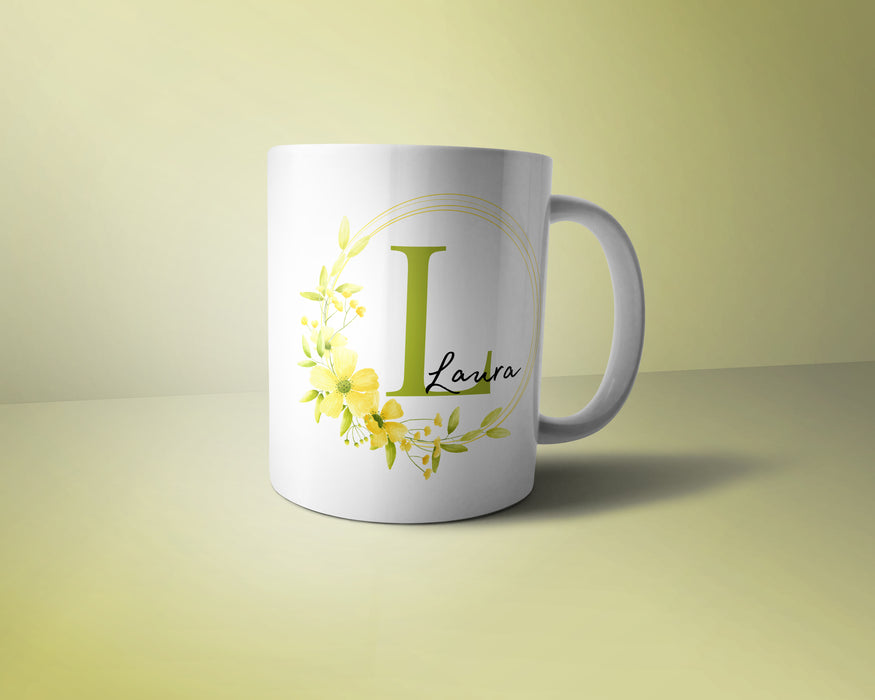 Yellow & Green Floral Monogram Mug - Personalised With Initial & Name