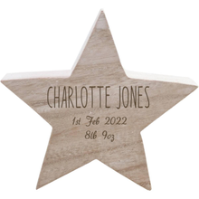 Load image into Gallery viewer, New Baby - Name, Birth Date &amp; Birth Weight - Wooden Star
