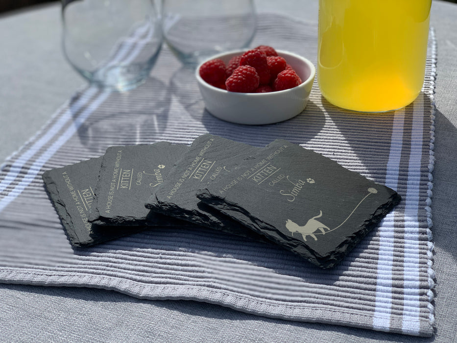 A house is not a home without a cat called ... personalised slate coasters