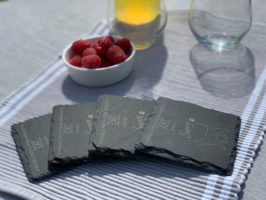 A house is not a home without a cat called ... personalised slate coasters