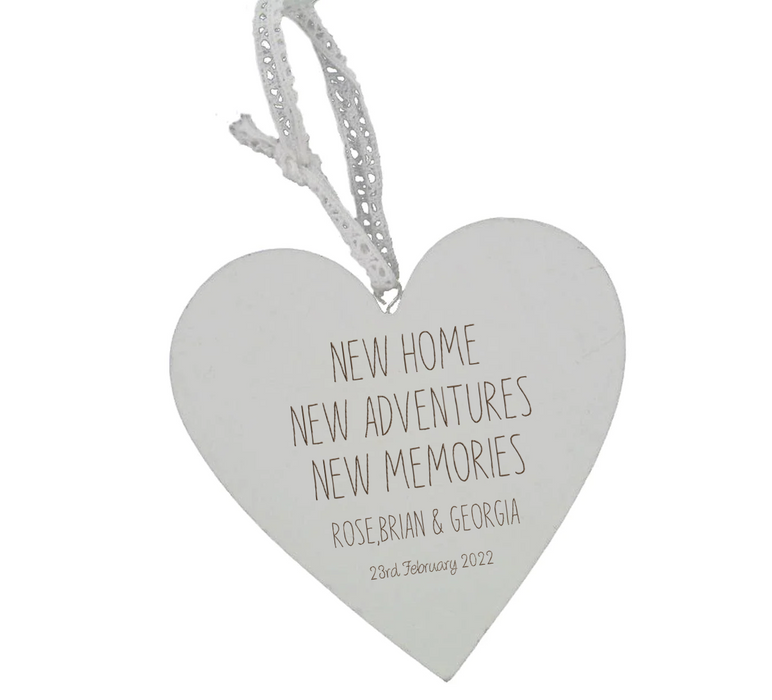 New Home, New Adventures, New Memories - Personalised Engraved Wooden Heart - Housewarming Gift