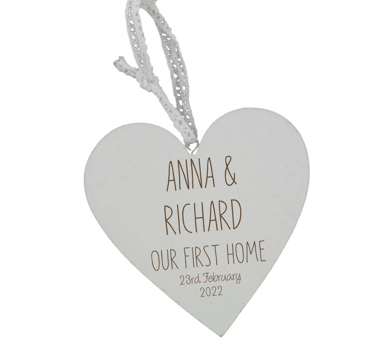 Our First Home - Personalised Engraved Wooden Heart - Housewarming Gift