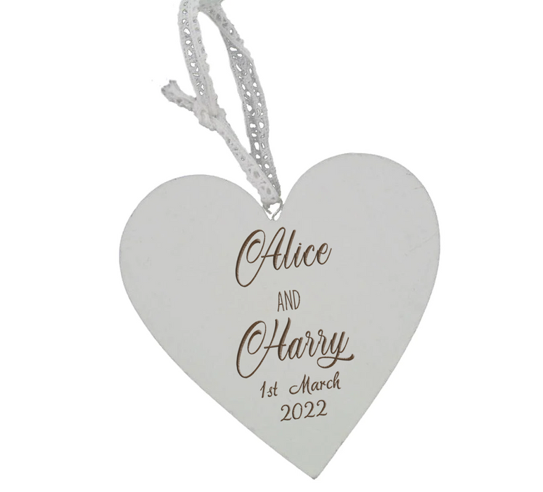 Names & Date (stacked) - Personalised Engraved Wooden Heart - Wedding Gift