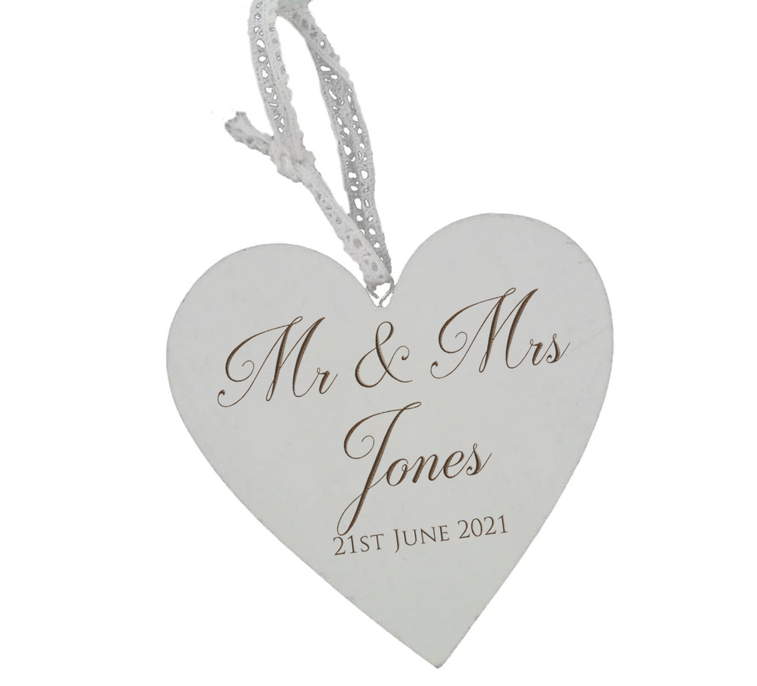 Mr & Mrs - Personalised Engraved Wooden Heart - Wedding Gift