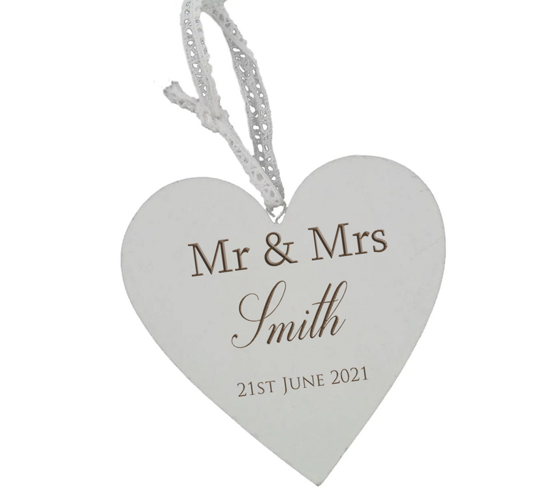 Mr & Mrs - Personalised Engraved Wooden Heart - Wedding Gift (Bold)