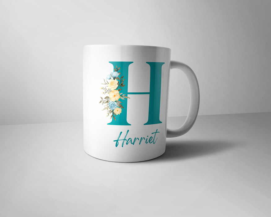 Floral Monogram Mug - Personalised With Initial & Name